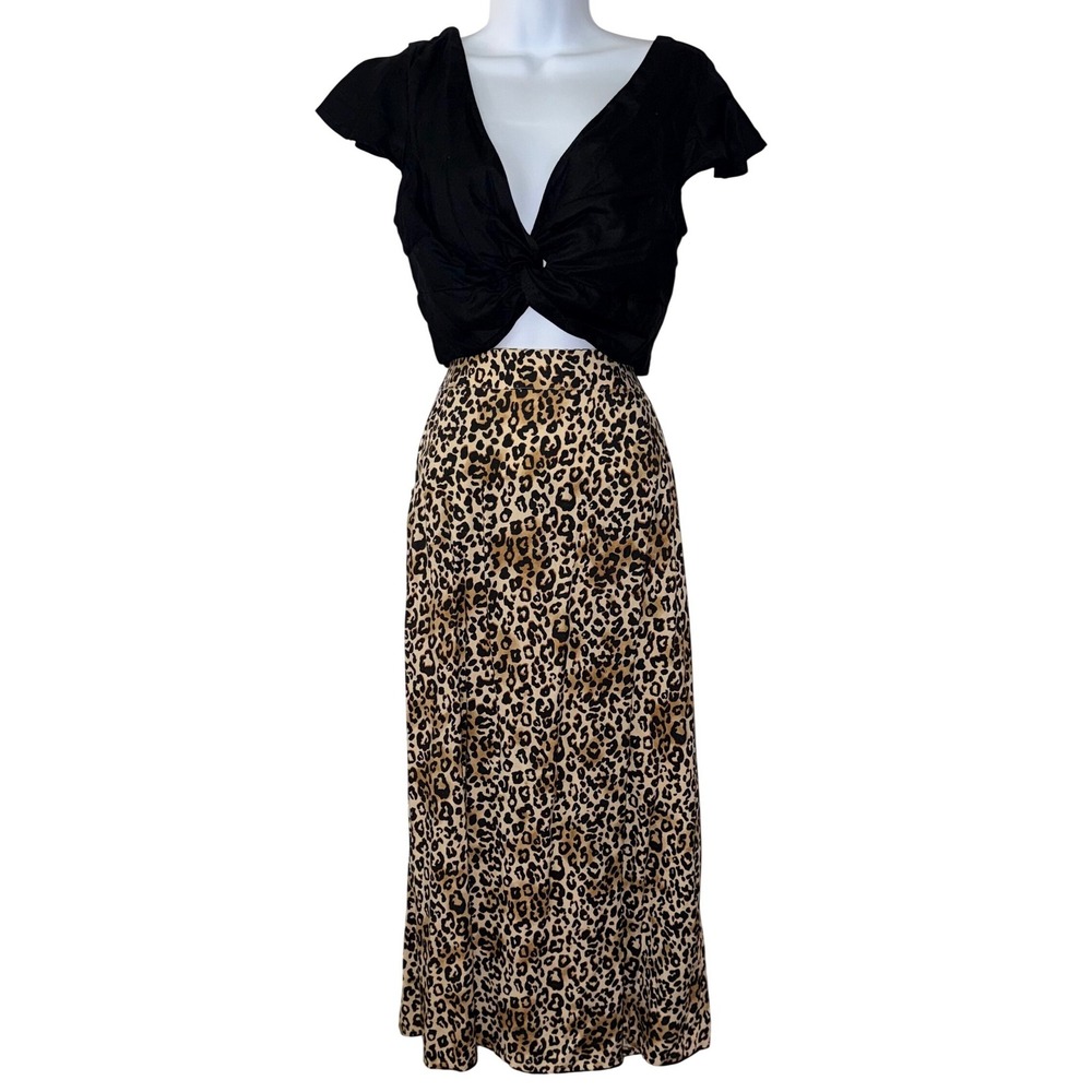 Japna 2 Piece Skirt Set Womens M Black Leopard Crop Twist Top Midi Slit Back